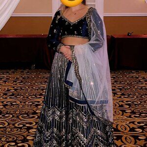 Lashkaraa Blue Velvet Lehenga, Size Medium (M)